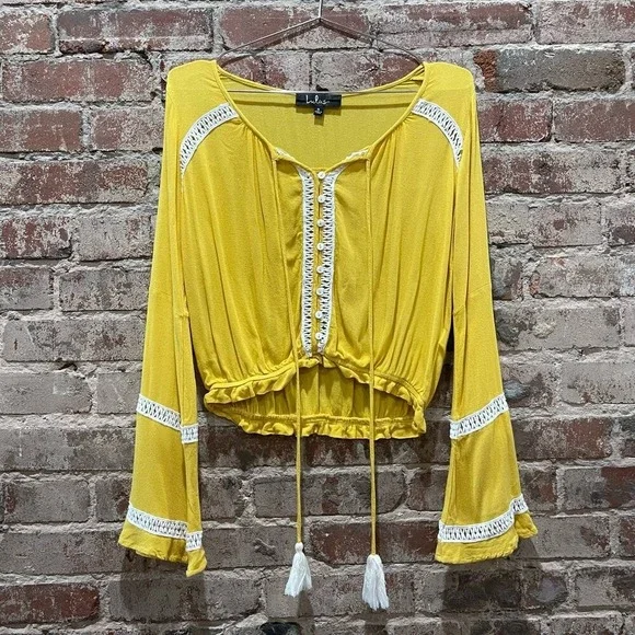 SPRING SALE! Lulus Embroidered Crop Top Yellow Boho Blouse Size Small - Picture 4 of 9